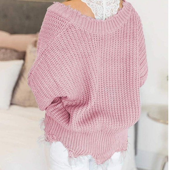 New Distressed Fringe Off Shoulder Sweater - Picture 3 of 5